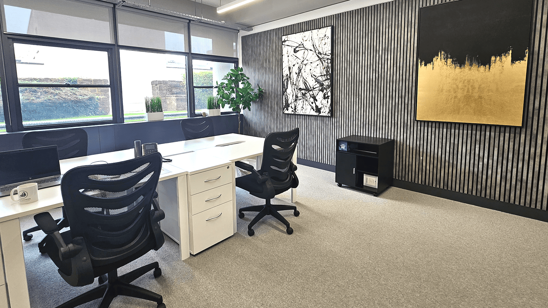 Light and airy office at Winslade Park with large windows, white desks, black ergonomic chairs, stylish grey panel walls with contemporary artwork and a tall potted plant in the corner