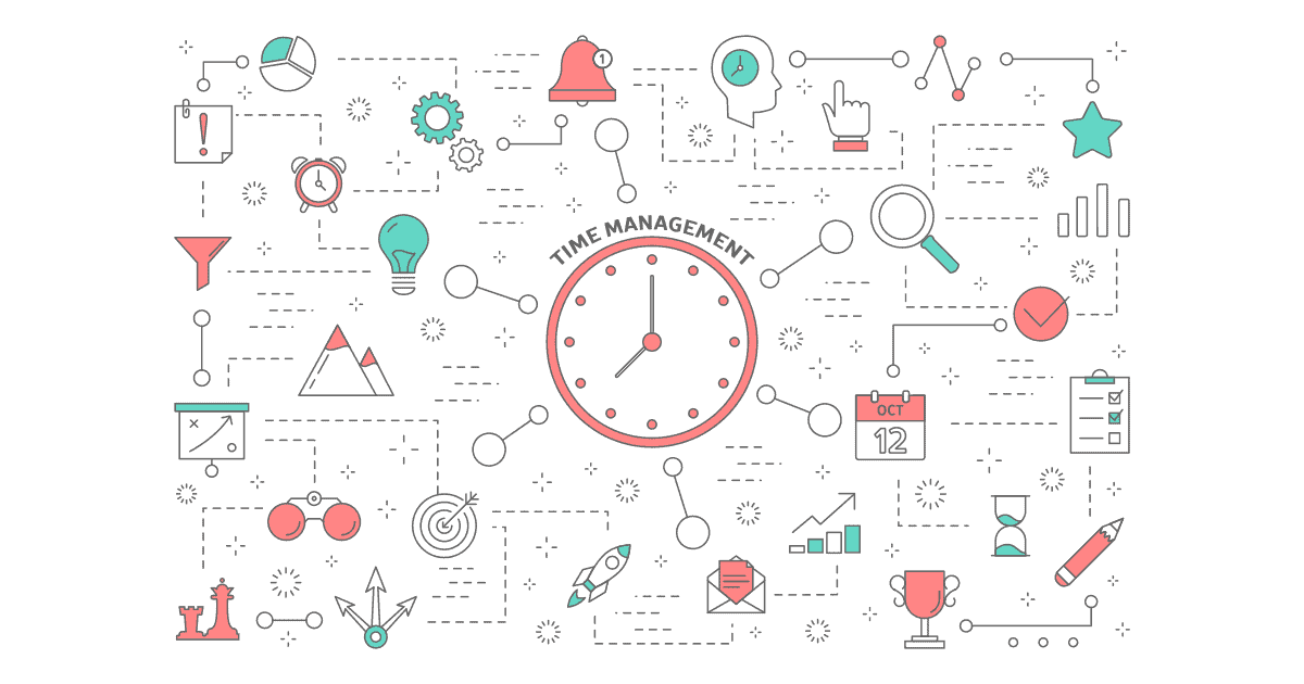 An conceptual of time management including lists, calendar, prioritising, progressing