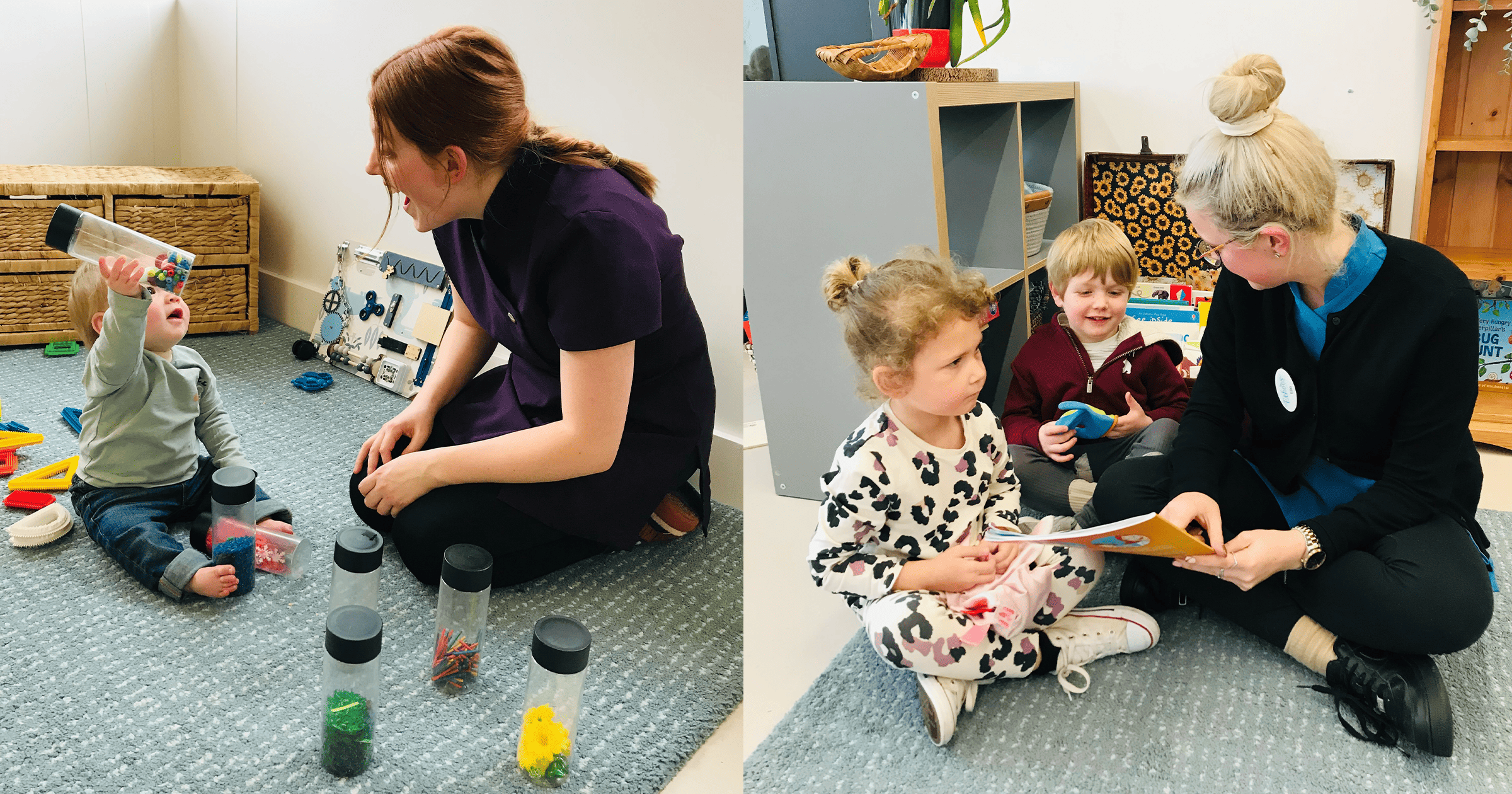 Two photos adjacent depicting two staff members from Echoes reading books and playing with toys with the children in their care