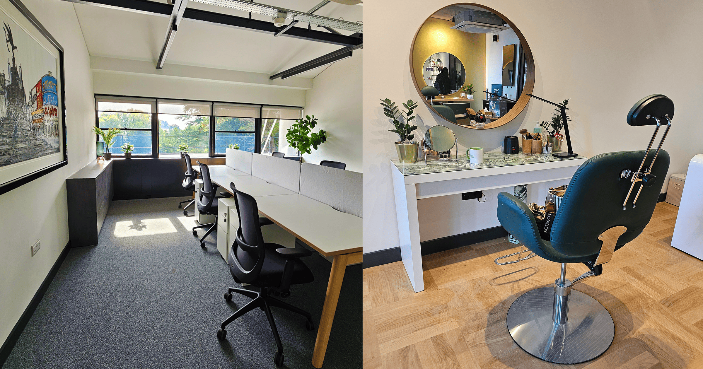 two images of previous mjs group projects at winslade park. On the left, a newly created office in Winslade House, on the Right an image of a salon chair from the Lyre Studio